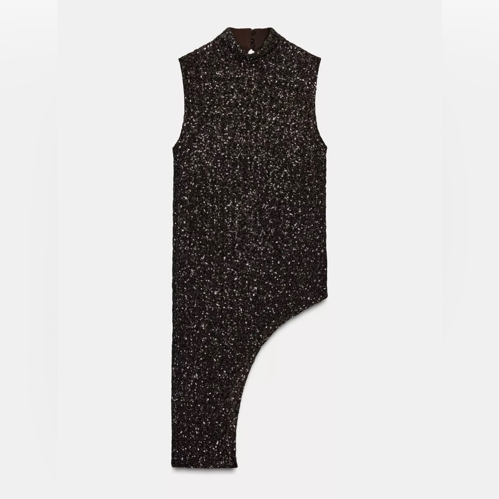 Zara ZW Collection Asymmetric Brown Sequin Top